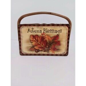 Basket /w Handle Wicker AUTUMN BLESSINGS Brown Green Lid Country Farmhouse Decor